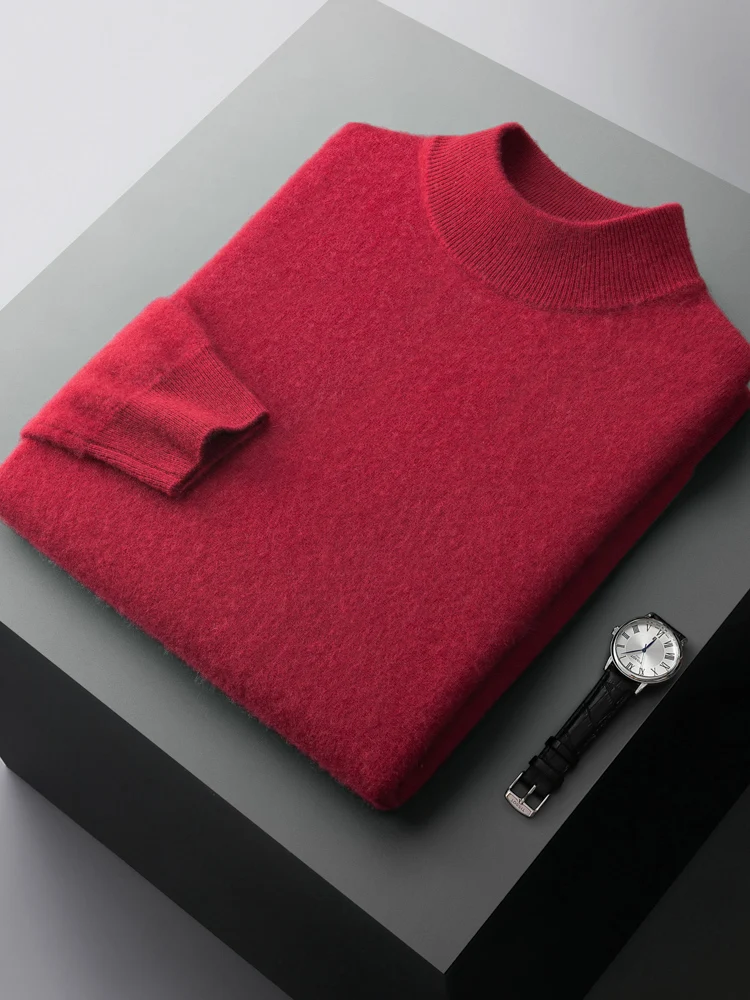 High Quality Autumn Winter 100%Pure Cashmere Sweater Men Semi-high Neck Solid Pullovers Youth Casual  Tops Warm Knit Shirt Tide