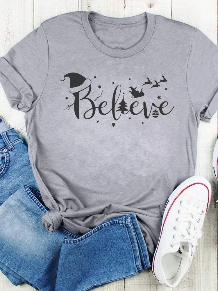 

Printed Lovely Letter Style Sweet Lady Short Sleeve T-Shirts Clothing Fashion Christmas Women New Year Graphic T Top Tee