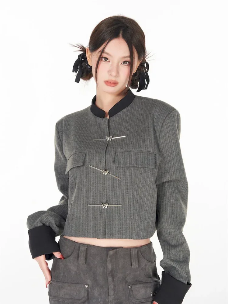 

UNXX Loose Fit Gray Shaped Oversize Short Jacket New Lapel Long Sleeve Women Blazer Fashion Tide Spring Autumn 2024 Harajuku Top