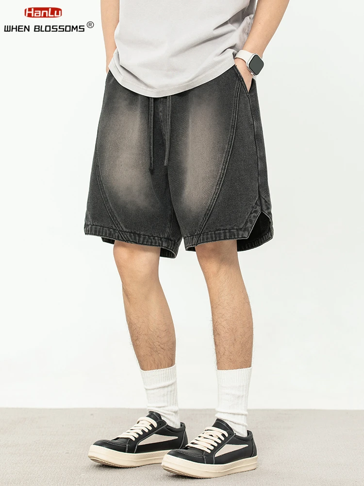 Vintage Washed Denim Shorts Men Summer Loose Fit Split Design Casual Streetwear American Fashion Cargo Jean Shorts