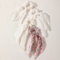 Vintage Floral Ribbon Scrunchie Set - Soft Elastic Hair Ties (White ribbon hairtie)