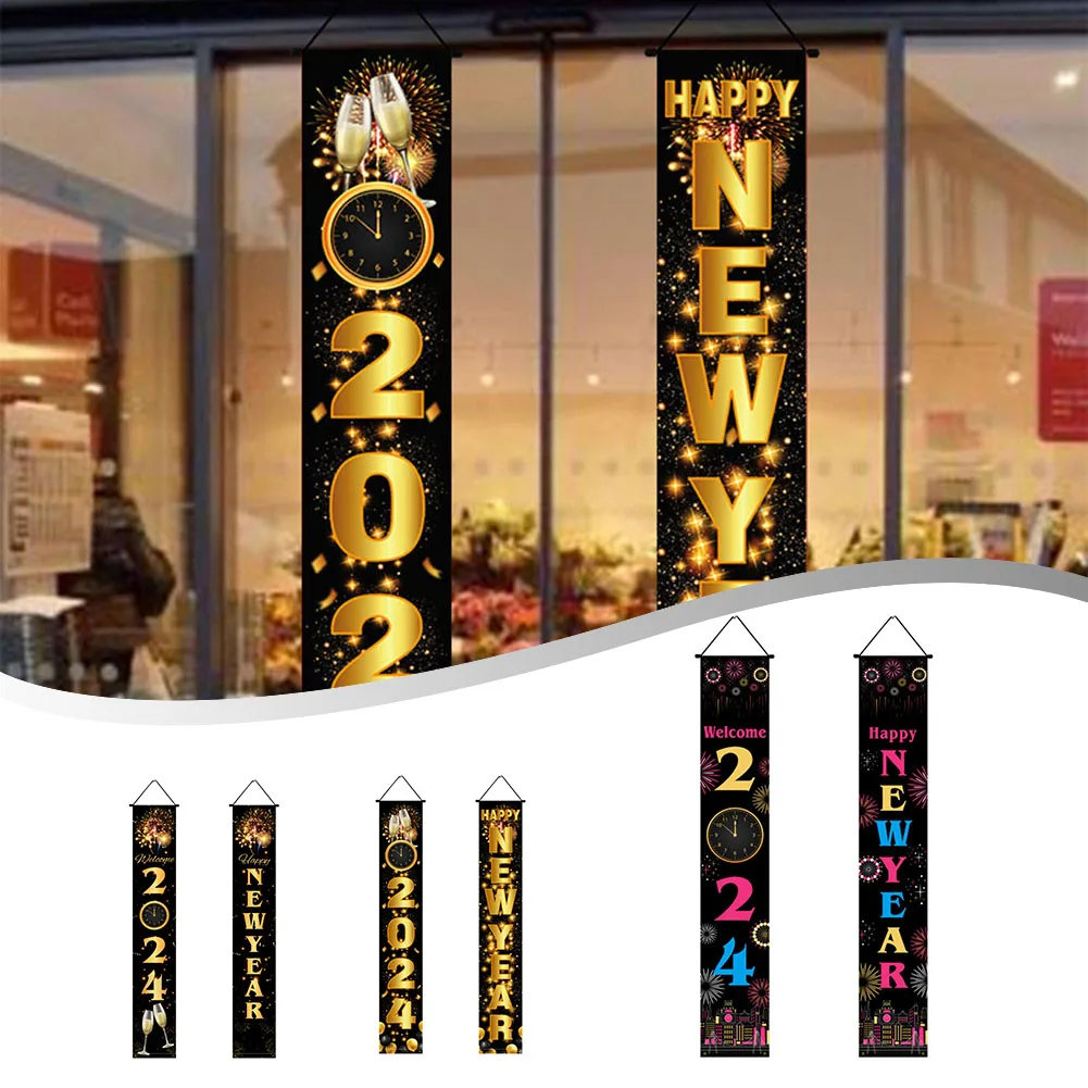 

2024 с новым годом подвесные флаги пары новый год вечернее стандартное украшение черные золотые флаги дверные края украшения 30x180 см