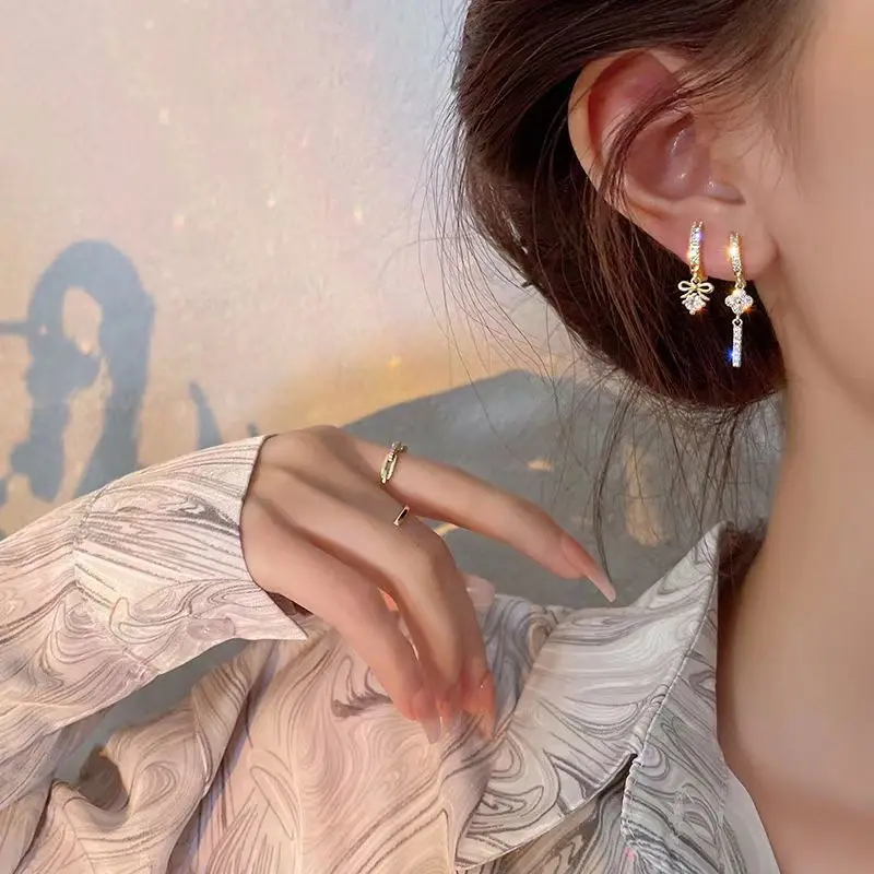 Gold Color Geometric Pendant Hoop Drop Crystal Earrings for Women 6Pcs/Set