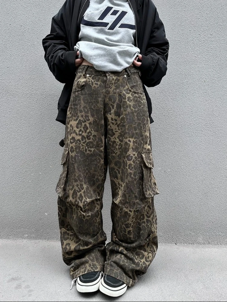 Deeptown Tan Leopard Jeans Women Denim Pants Female Wide Leg Trousers Streetwear Hip Hop Vintage Clothes Loose Casual Pants 2024