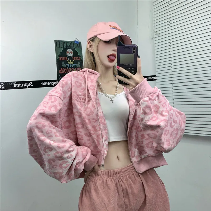 Pink Leopard Print ort Open Cardigan Jaet Women's Faion BF Spring Autumn Loose Hong Sle Hoodie Trendy Commute Sle L...