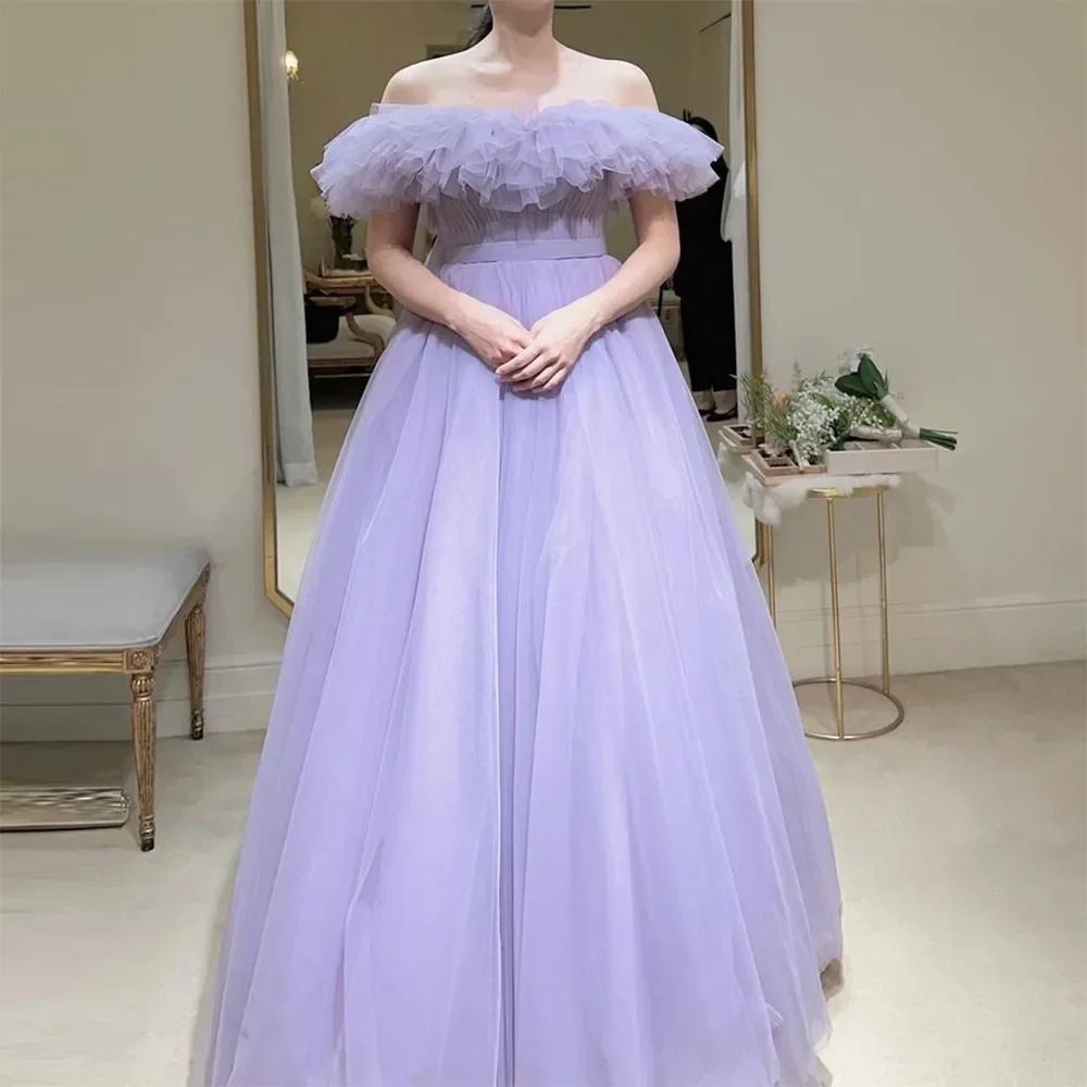 

Ruffled Tulle Evening Dresses for Women Off the Shoulder Pleat Ruched A Line Princess Prom Gowns Formal Party Gown 2023
