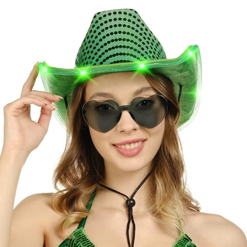 Glowing Sequins Cowboy Hat Wide Brim LED Light Up Brim Hat Woman
