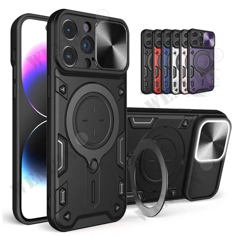 Coque pour iPhone 15 14 13 12 11 Pro Max 8 7 Plus caméra coulissante magnétique rotative 360 rotation béquille housse_voghion.com