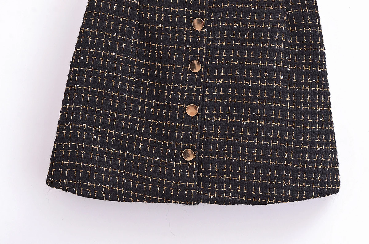 French Retro Women Black Weave Gold Line Tweed Blazer High Waist Center Buttons Back Zipper Mini Skirt Set Suits 2 pieces 1 set