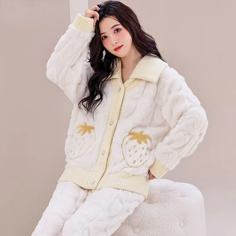 2024 New Pajamas Women Flannel Thickened Cute Sleepwear Set Autumn Winter Korean Dorm Home Service Suit Girls Leisure Loungewear 2020 new casual pajamas set girl lively cute comfortable pajamas thin printed cotton silk home service loungewear women fashion