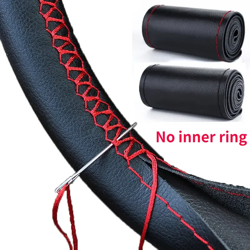 

38cm Non-Slip Soft Genuine Leather Car Steering Wheel Cover with Needles and Thread Braid on Steering-Wheel Car Accessories