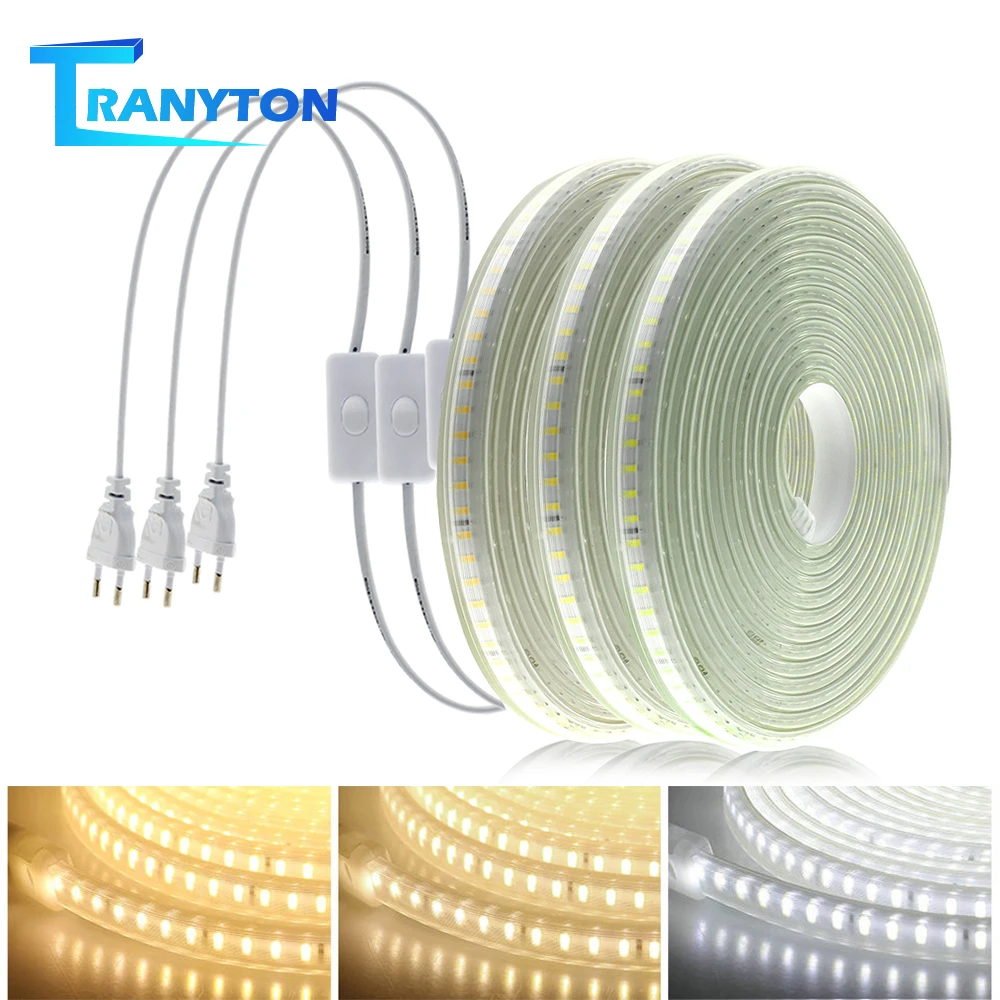 220V LED Strip 120LEDs 8W/m with EU Plug and Switch Not Dazzling Flexible  LED Light Waterproof Outdoor Use LED Tape