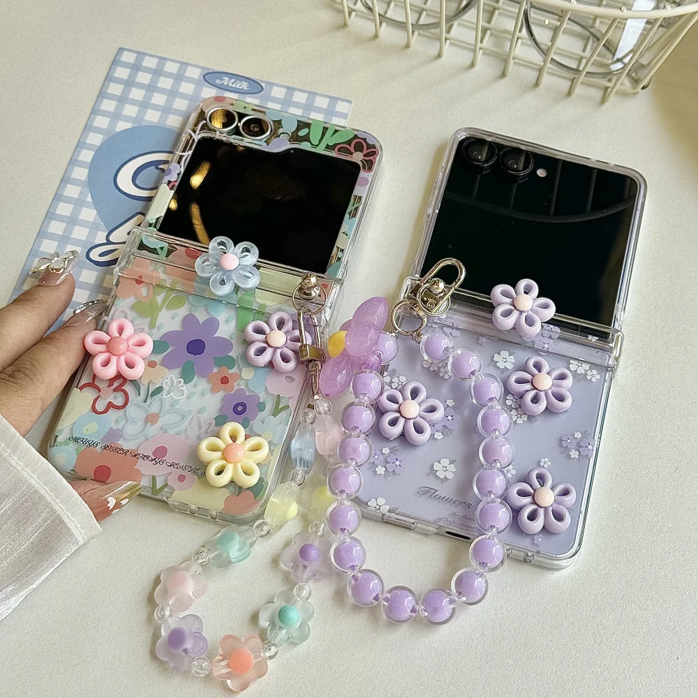 2-in-1 Lovely 3D Rotating Flower Phone Case with Wrist Chain - Shockproof Hinge Protection Cover