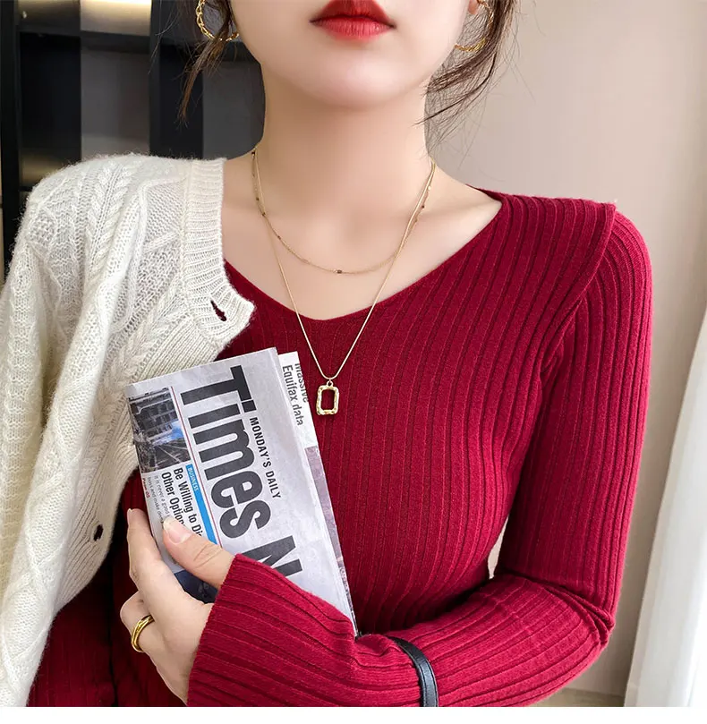 pink sweater 2022 Spring And Autumn New Style Wool Sweater Women's V-Neck Pullover With Solid Color Bottoming Slim Fashion cardigan for women