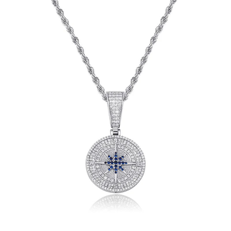 18K White Gold Plated Compass Pendant Iced Out Hip Hop Jewelry Bling 5A Hip Hop Pendant Necklace 5
