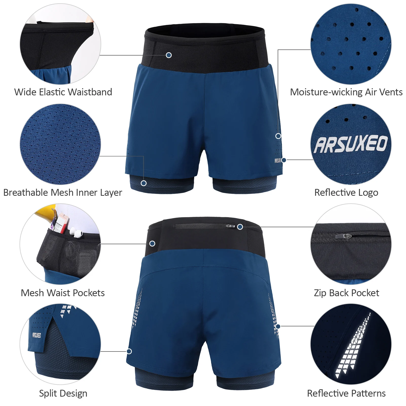 Arsuxeo Men 2 in 1 Running Shorts High Waist Athletic Shorts Sport Shorts Workout Shorts with Pockets for Gym Jogging Tennis 4