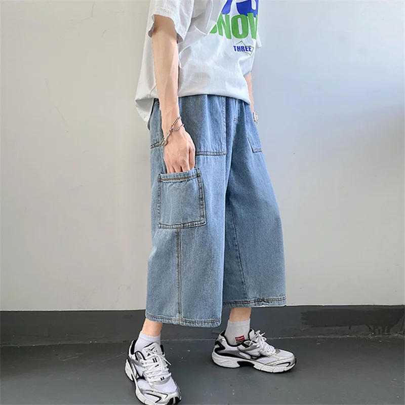 Blue Multiple Pockets Spliced Vintage Straight Thin Jeans For Men New Loose Washed Streetwear Casual Mid Waist Denim Capri Pants