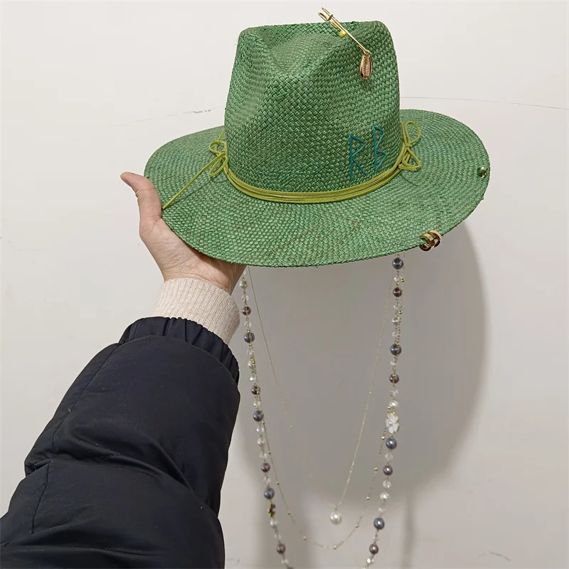 Metal letter beige straw hat handmade design hat pearl chain summer sun hat new letter hat beach women gorras para hombres