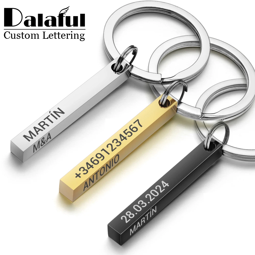 

Stainless Steel Personalized Keychains 3D Bar Keyrings Engrave Text Name Date Custom Key Chains Rings Holder Love Gift P039