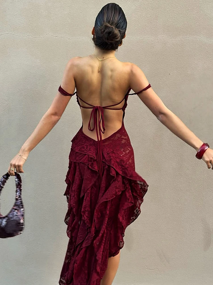 Nibber Sexy rregular Tierred Dress Women Mesh Patchwork Slash Neck Lace-Up Backless Midnight Banquet Party Elegant Long Bodycon