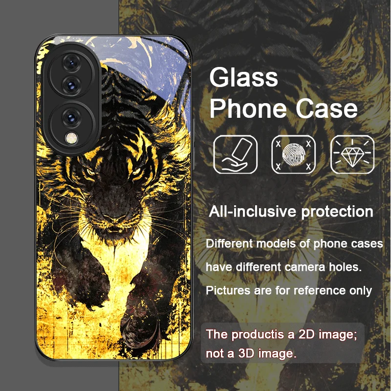 Fashion Animal Tiger Flame Printed Tempered Glass Phone Case