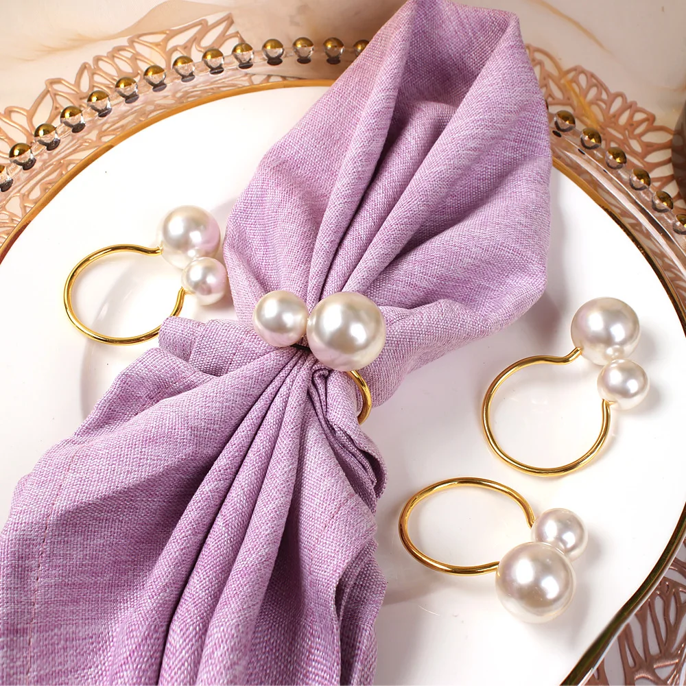 

6Pcs Elegant Pearls Napkin Rings Gold Christening Bangle Metal Napkin Holder Wedding Gift Bridal Shower Decor Party Supplies