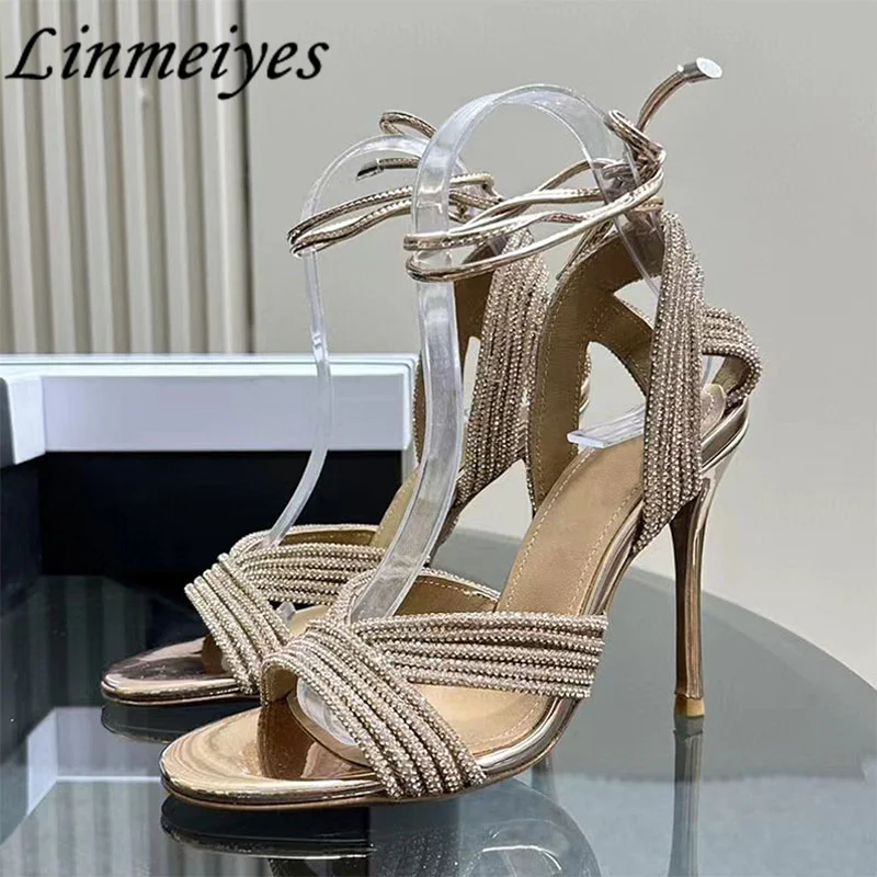 

Sexy Crystal High Heels Sandals Luxury Rhinestone Inlaid Party Shoes Female Summer Ankle Strap Stiletto Gladiator Sandals Woman
