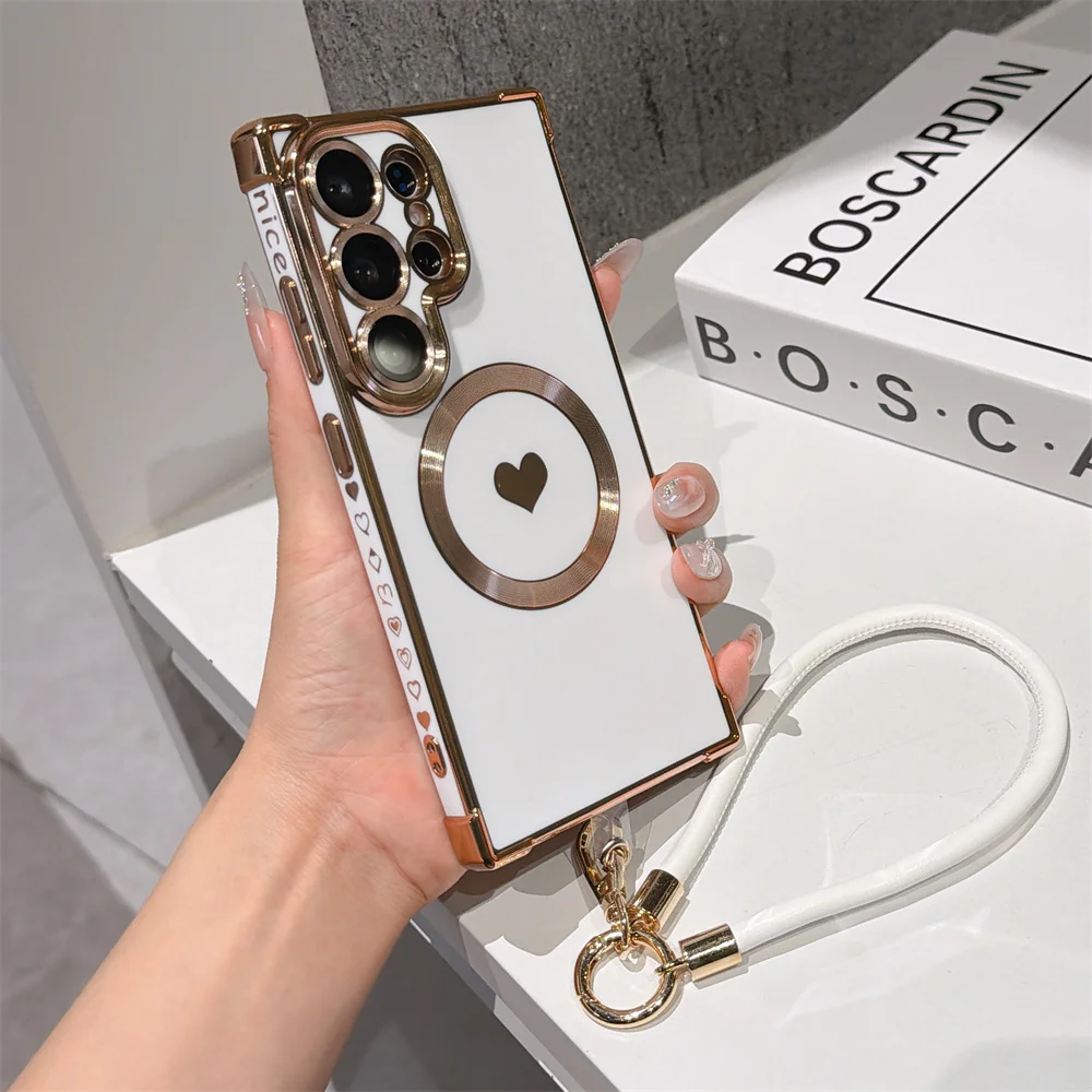 Elegant Love Heart Magnetic Phone Case with Luxury Lanyard - Solid Color Plating Silicone Back Cover