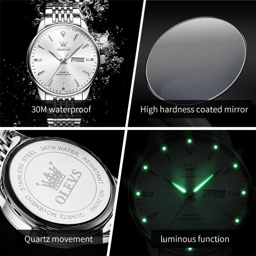 OLEVS 2929 Men Quartz Watch Original Waterproof Business Man Wristwatch Steel Strap Dual Calendar Luminous Fashion Watch For Men