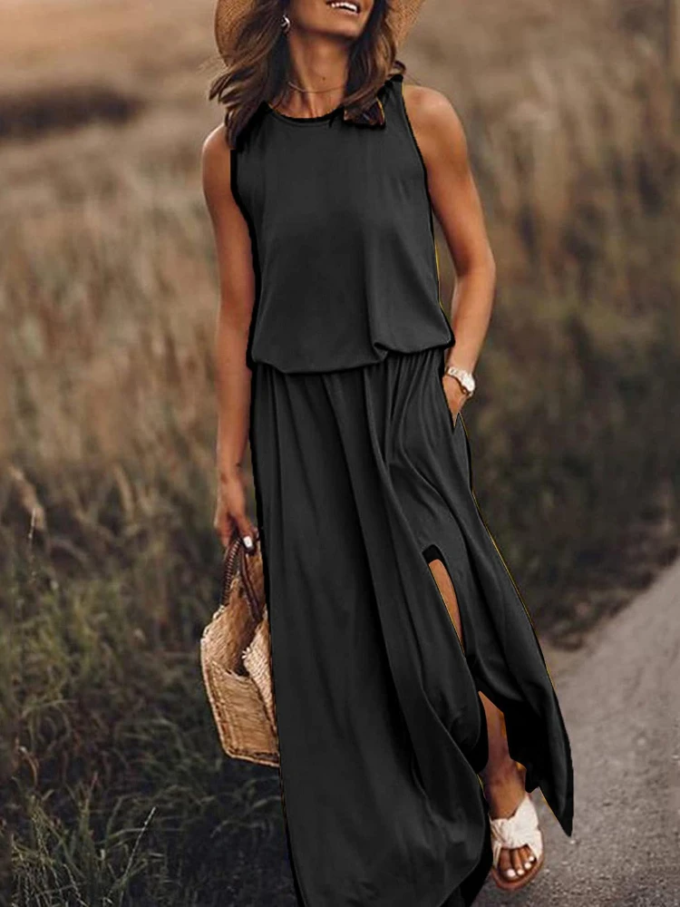 

New In Summer Long Dress Round Neck Sleeveless Split Solid Color Skirt Relaxed Casual Women's Clothing Dresses for Women 2024