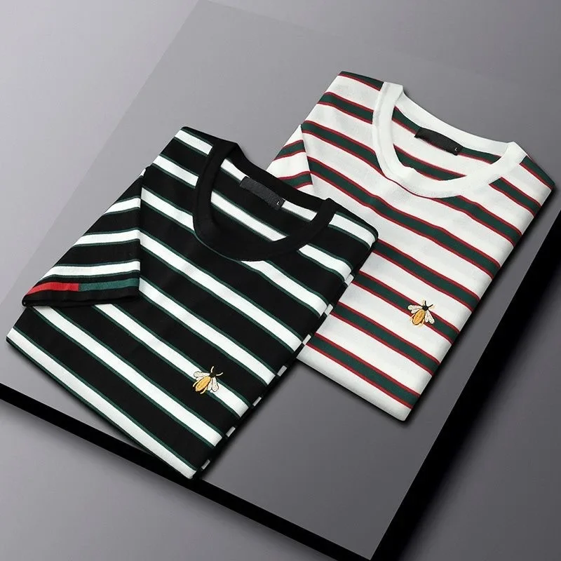 

High end striped contrast bee embroidery T-shirt for men with round neck 2024 summer trend casual ice silk knitted short sleeved