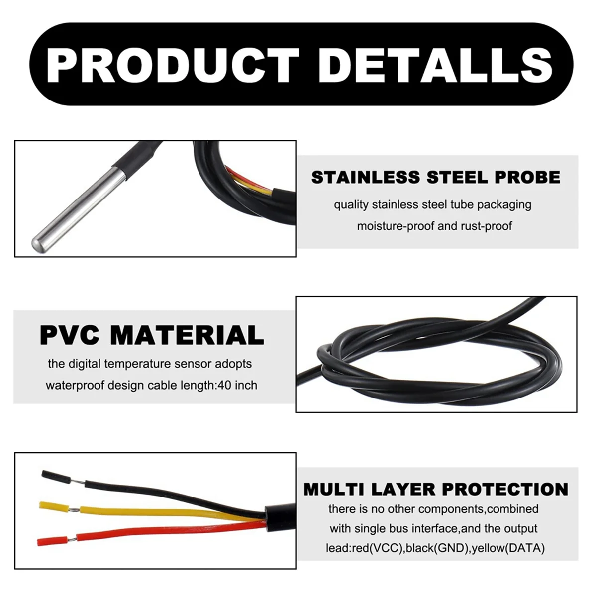 A04R-BOJACK DS18B20 Temperature Sensor Module Kit with Waterproof Stainless Steel Probe for Raspberry Pi