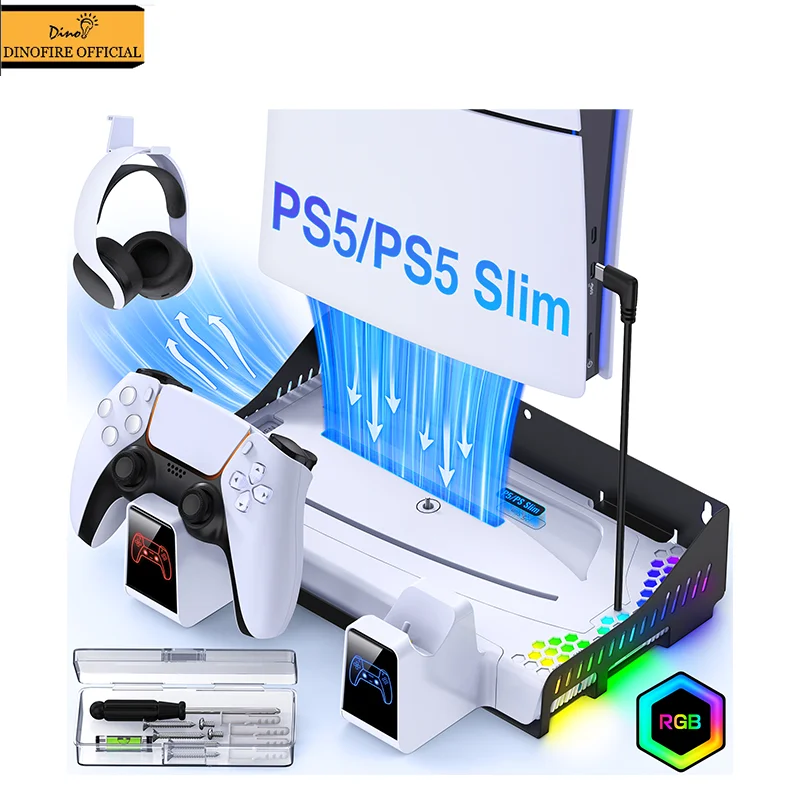 Dinofire Rgb Cooling Stand Per Ps5 Slim Ps5 Controller Charger Base Di Raffreddamento Per Montaggio A Parete Per Playstation 5/Playstation 5 Slim