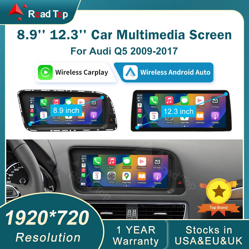 RoadTop 12,3 pulgadas inalámbrico CarPlay Multimedia pantalla ultrafina Android Auto para Audi Q5 2009-2017 función Airplay Autolink 1