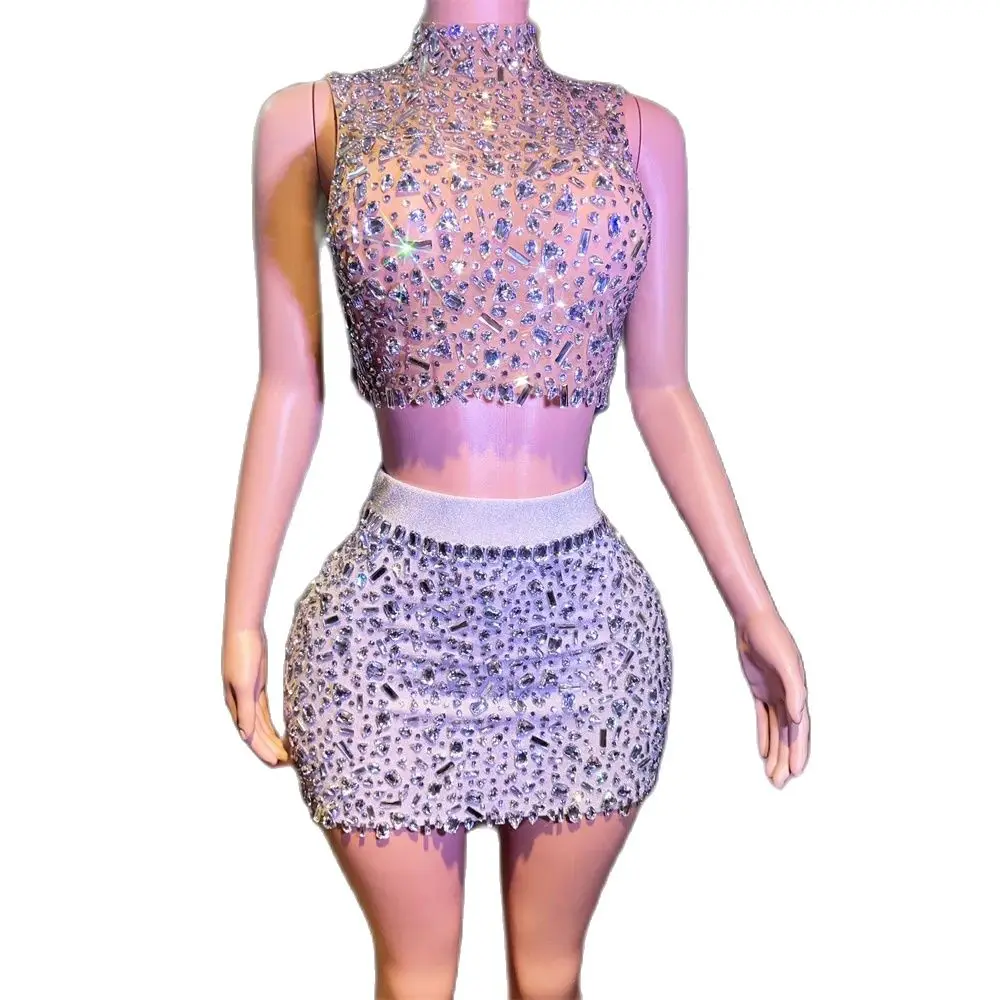 

New Shiny Performance Costume Nightclub Bar Female Sexy Mesh Perspective Full Diamond Singer Dance Party GOGO Top+Skirt Set