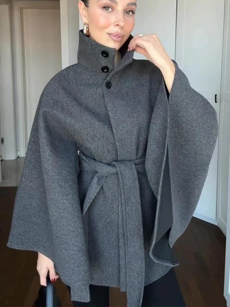Women's Poncho Coats Vintage High Neck Cape Style Jacket Coat Long Sleeve With Belt Female Autumn Winter New Cloak Outerwear ﻿ ﻿