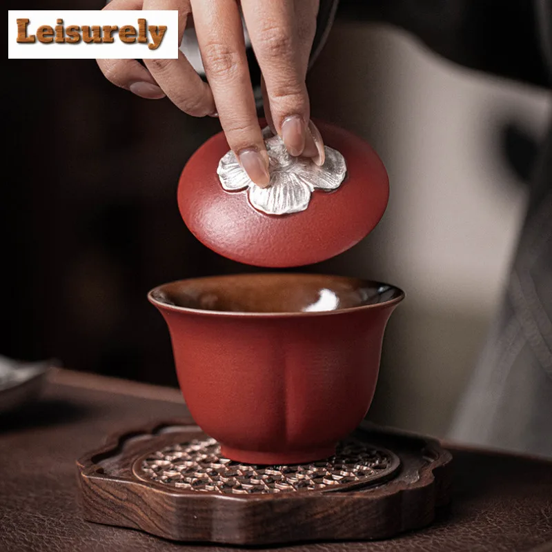 160ml Silver Persimmon Red Gaiwan Boutique Tea Tureen Tea Bowl With Lid Kit Tea Maker Cover Bowl Kung Fu Teaset Accessories Gift