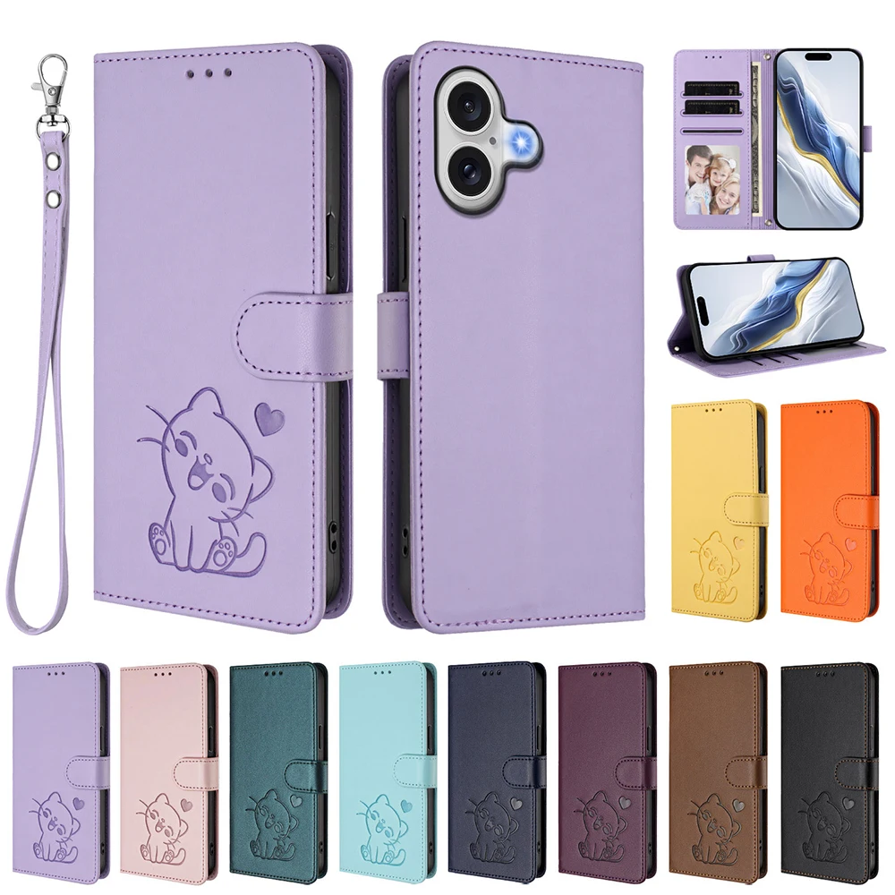 Adorable Cat Design Leather Wallet Phone Case with Kickstand, Card Slots, and Strap