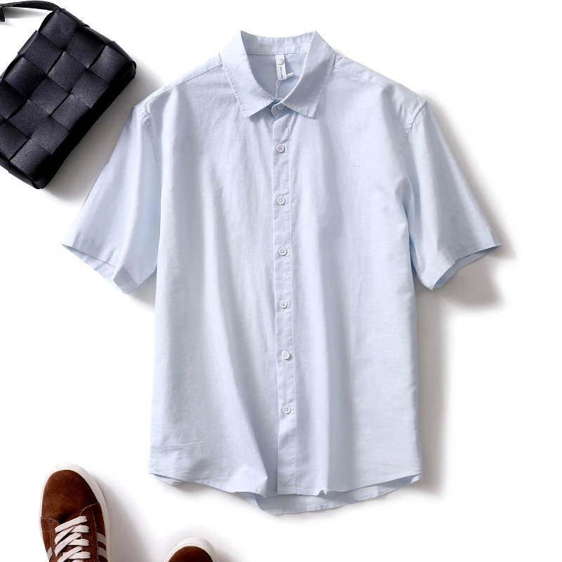 Summer Men's Clothing Light Cotton Linen Shirt Korean Solid Color Short Sleeve Button-down Retro Fashion Leisure Shirts