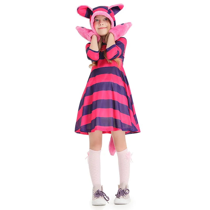 

Purple Striped Printed Grin Cat Girl Dress Cute Cat Claw Children's Performance Dress