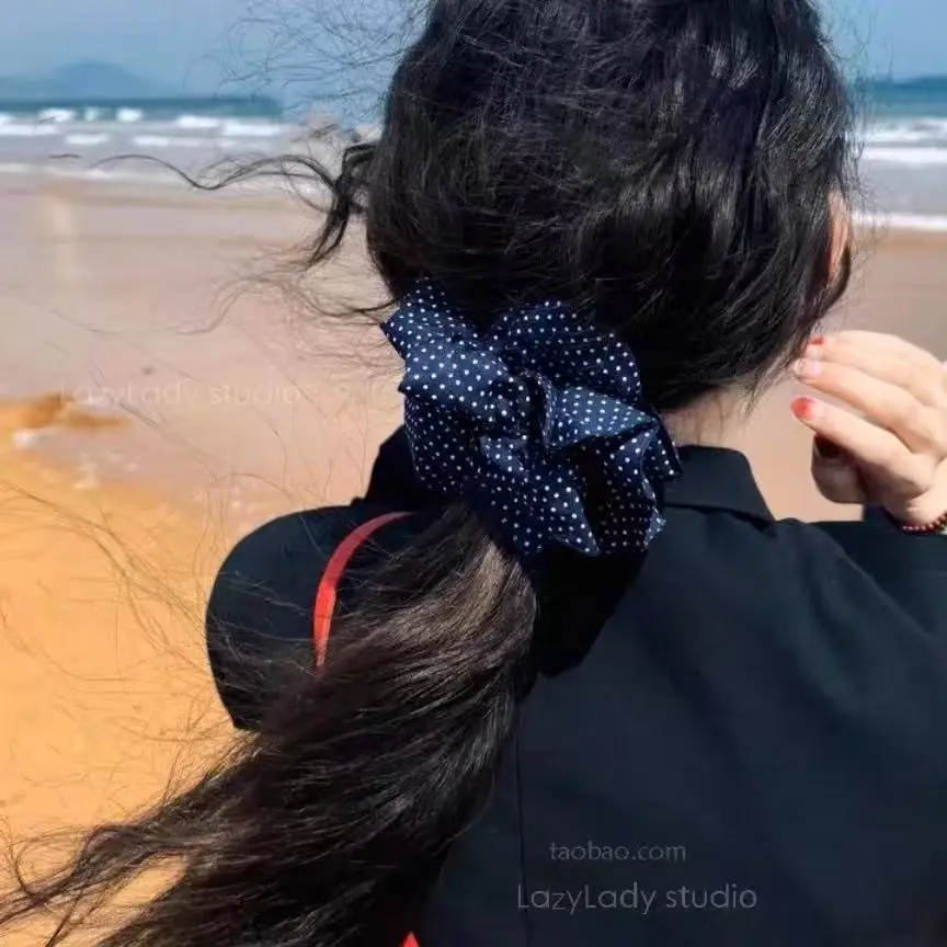 1PC Navy Blue Polka Dot Bow Scrunchie, Cute Large Hair Tie for Women, Sweet Hair Accessory for Daily Wear and Beach Style