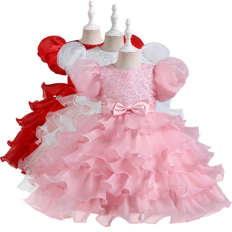 

Summer Red Tiered Ruffles Princess Ball Gown Dress for 3-12-Year-Old Girls Birthday Carnival Pageant Party Dress for Kids Cute