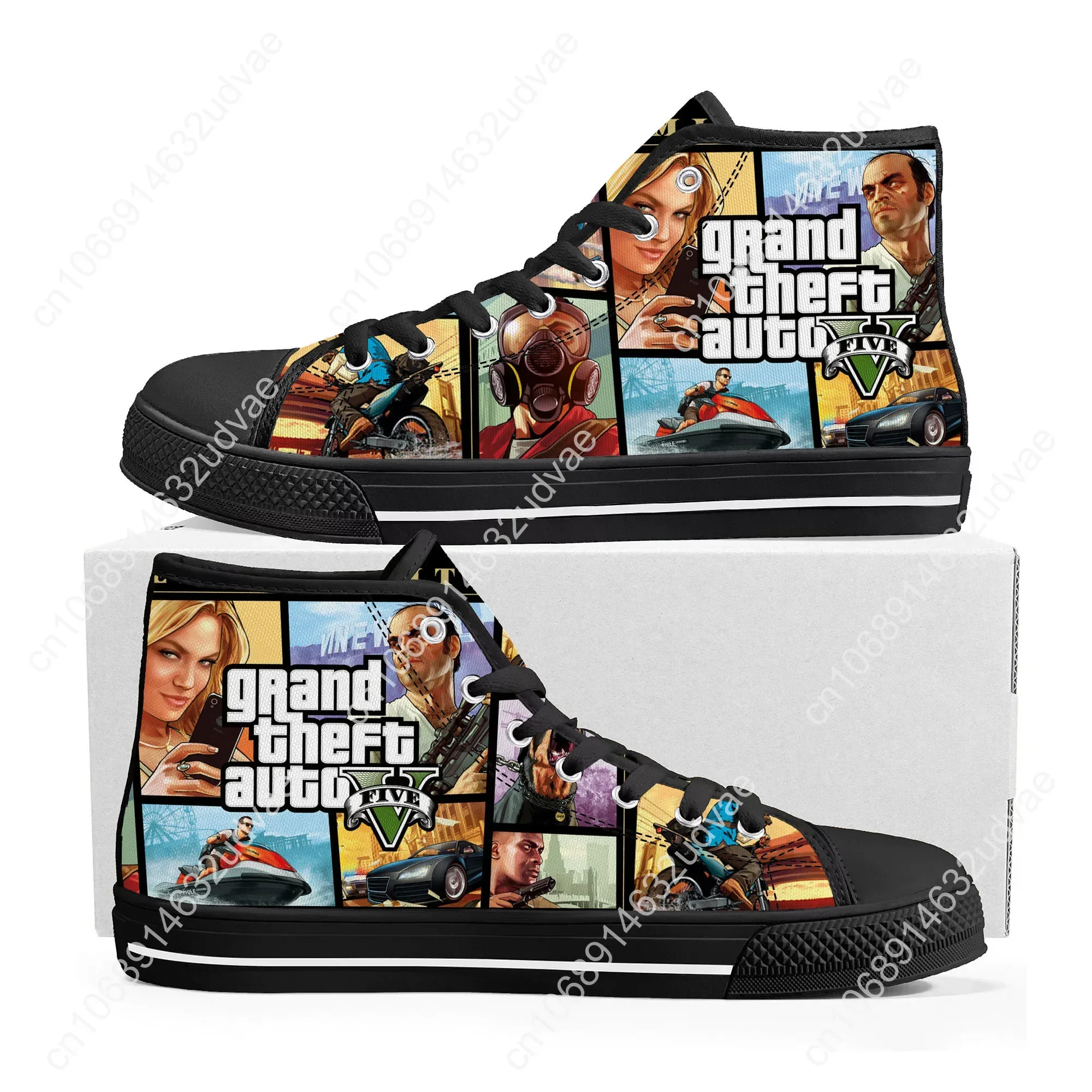 Anime Cartoon Grand Theft Auto GTA V 5 High Top Sneakers Mens Womens Teenager Canvas Sneaker Casual Couple Shoes Custom Shoe