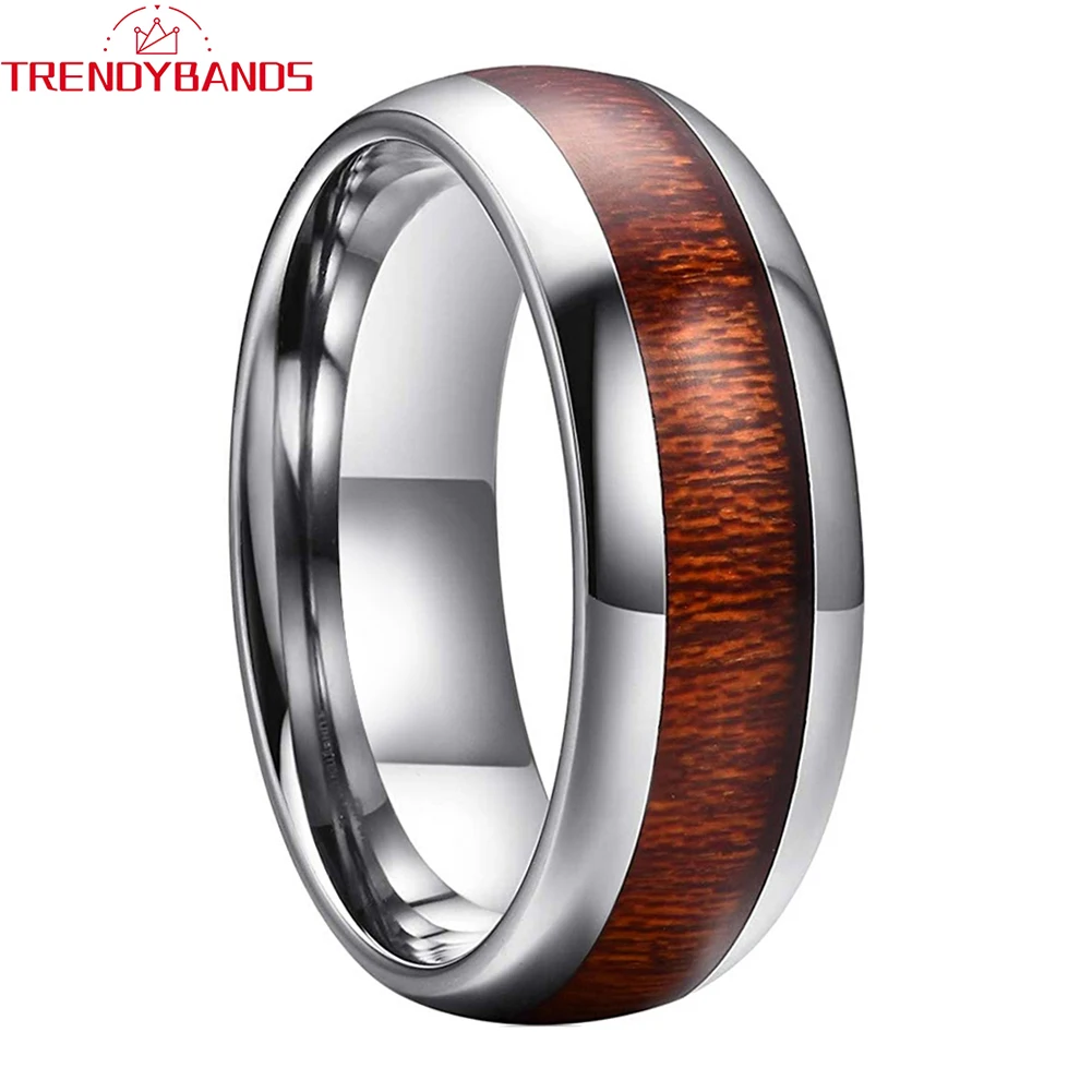 6mm 8mm Tungsten Couple Rings Wedding Band Koa Wood Inlay Domed Polished Shiny Comfort Fit