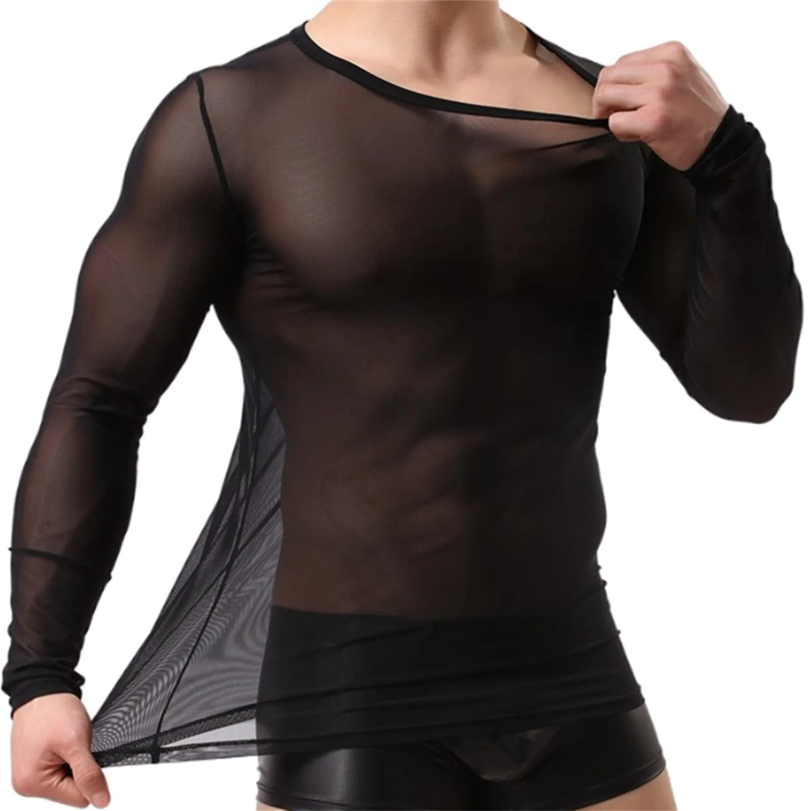 Mens Undershirt Gay Clothing Nylon Mesh Shirt Men See Through Sheer Long Sleeves T Shirts Male Sexy Transparent Shirt Underwear see through sheer mens stocking at play fetish collection sexy gay male socks softy thin formal dress suit hose black