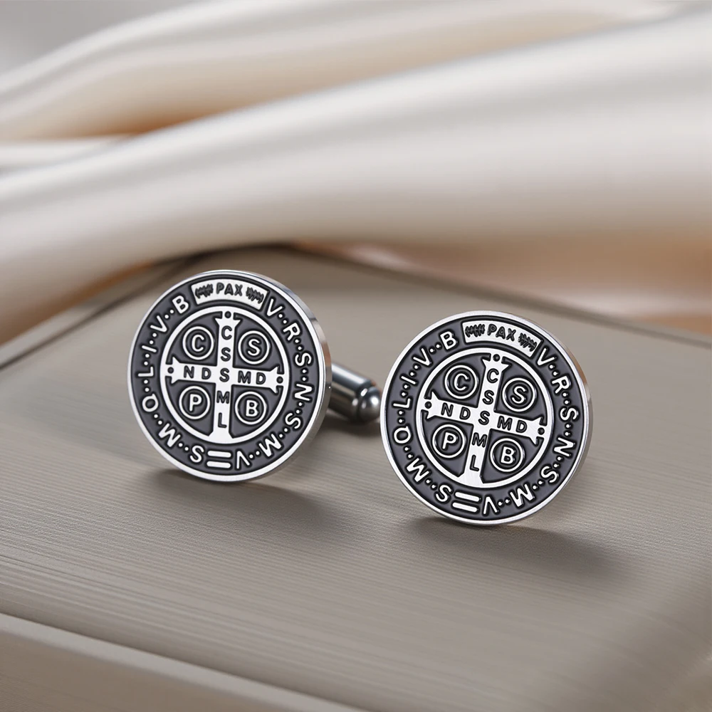 Dawapara Saint Benedict Manschettenknöpfe, katholisches Geschenk für Männer, Vintage-Schutz, Talisman, Edelstahl, Schmuck, Business-Accessoires – Detail 15