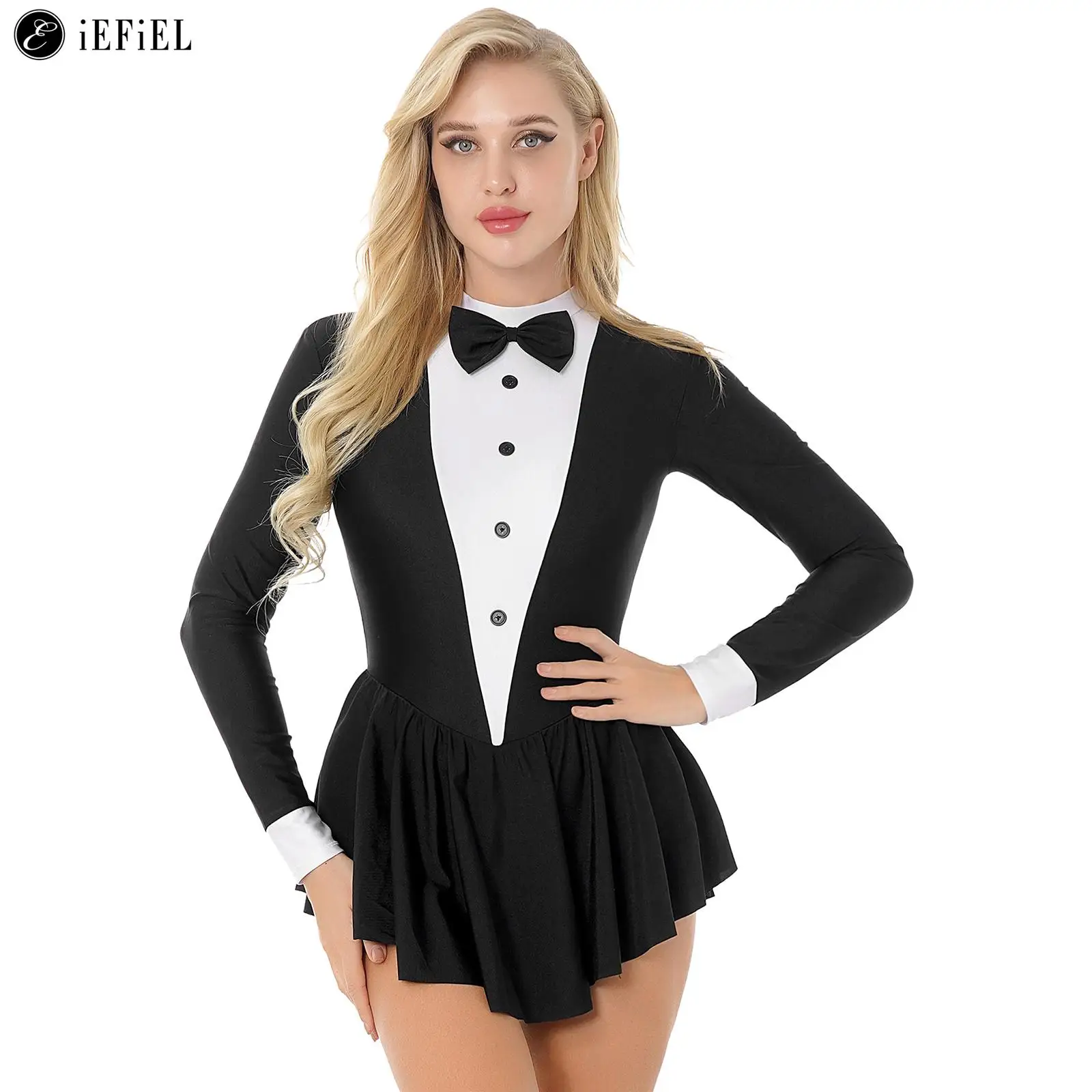 

Womens Tuxedo Bow Tie Collar Modern Dance Costume Long Sleeve Latin Jazz Ballet Competition Performance Dress Leotard Dancewear