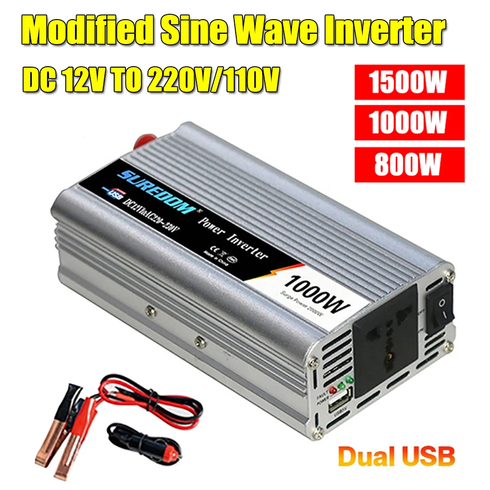 Modified Sine Wave Power Inverter 1500/1000/800W Dual USB 12V TO 220V 110V  Car Converter Solar Outdoor Emergency Power Inverter