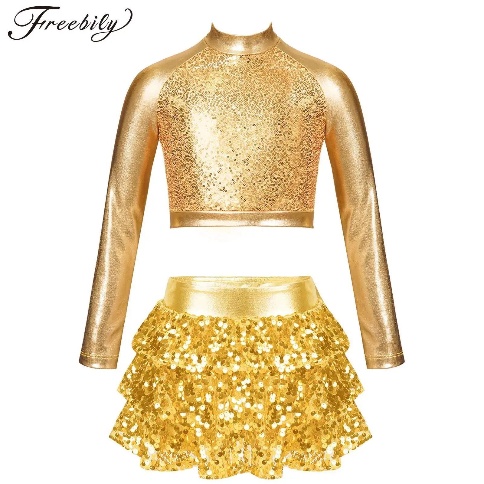 

Kids Girls Shiny Metallic Sequins Latin Dance Costume Jazz Hip Hop Outfift Long Sleeve Crop Top with Skirt Set Stage Dancewear