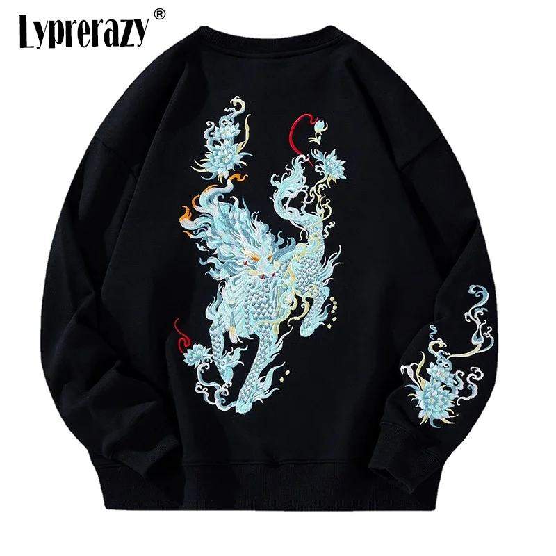 

Lyprerazy Autumn Winter New Dragon Embroidery Hoodies National Tide Chinese Style Men Cotton Crew Neck Pullover Tops